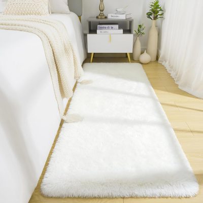 Cream White Fluffy Soft Washable Runner Rug
