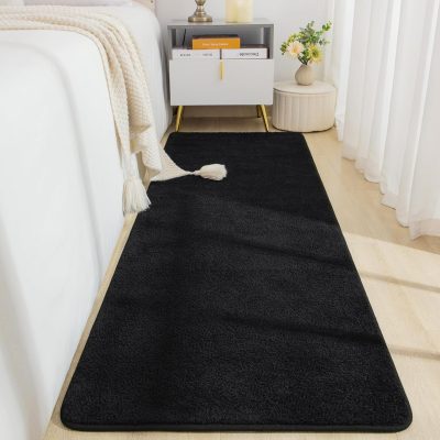 Black minimalist low pile nonslip washable runner rug.