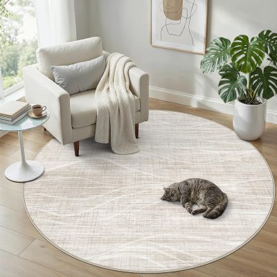 Beige Modern Striped LowPile Washable Rug
