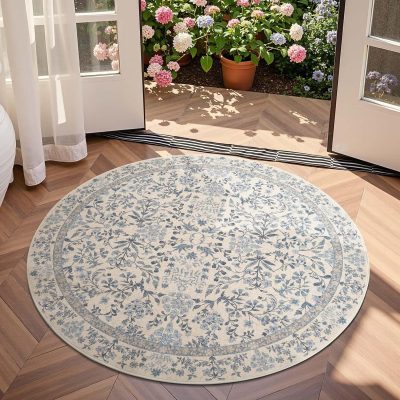 Blue Cream Floral Washable LowPile Carpet