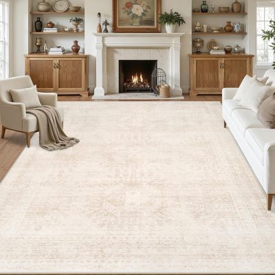Washable vintage boho rug, 5x7 nonslip stain resistant soft carpet, floral large rug for living room, bedroom, dining room, farmhouse, nursery, hallway, home office, beige.