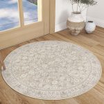 Cream Beige Distressed Floral Washable Rug