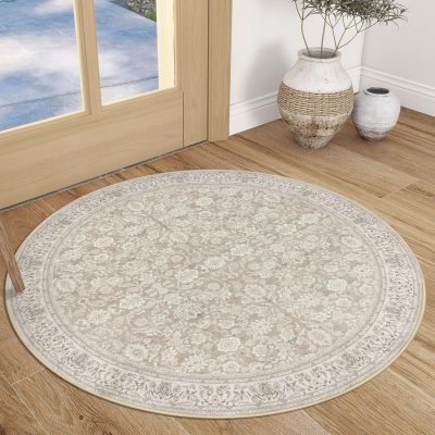 Cream Beige Distressed Floral Washable Rug