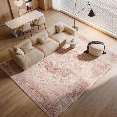 Vintage boho neutral washable rug, 8x10 soft large nonslip low pile carpet for living room, bedroom, nursery, farmhouse, dining room, office, beige.
