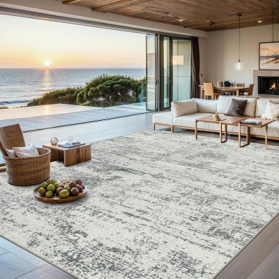 Beige boho medallion distressed nonslip washable rug.