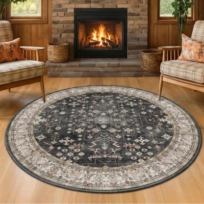 Black Moody Vintage Boho Washable LowPile Rug