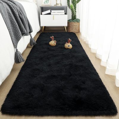 Black Fluffy Rubber Backed Shag Runner Rug