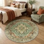 Brick Brown Green Floral Boho Washable Rug