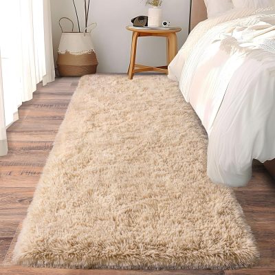 Beige Fluffy Shag NonSlip Long Furry Runner Rug