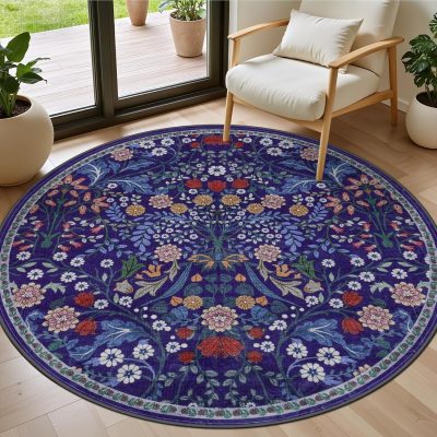Blue Boho Floral StainResistant Washable Rug