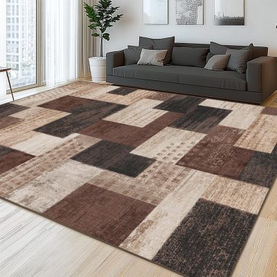 Beige geometric textured highlow washable area rug.